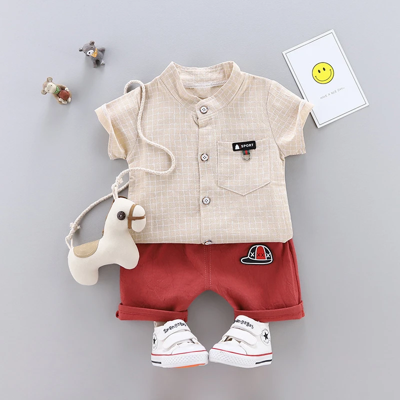 

Baby Boy Summer Clothes lattice attern Lapel Short Sleeved T-shirt Tops + Shorts 2PCS Outfits Kids Bebes Jogging Suits