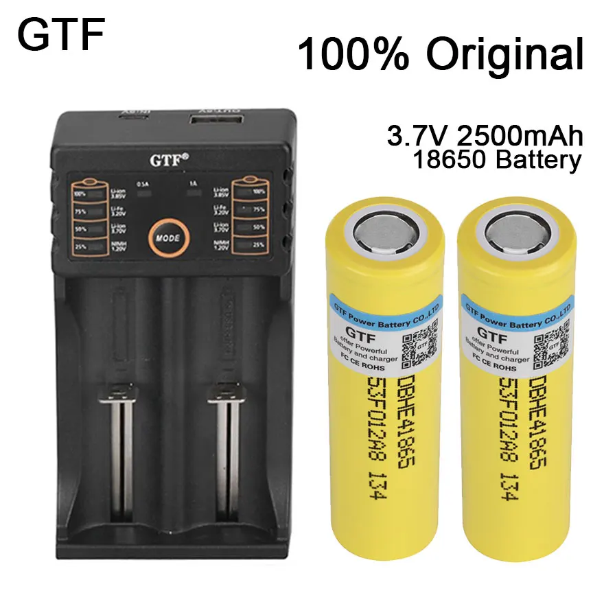 GTF оригинальный 18650 аккумулятор 2 шт 3 7 V 2500mAh перезаряжаемые Li lon батареи с 14500 16340