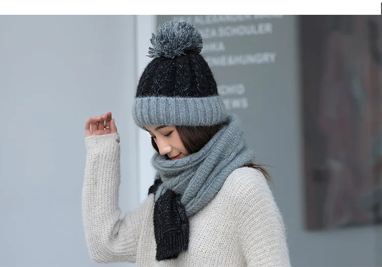 Для женщин зимняя шапка шарф набор шерсти вязаная шапка женская помпоном Шапки для Для женщин женская шапочка теплый лыжный Кепки воротник