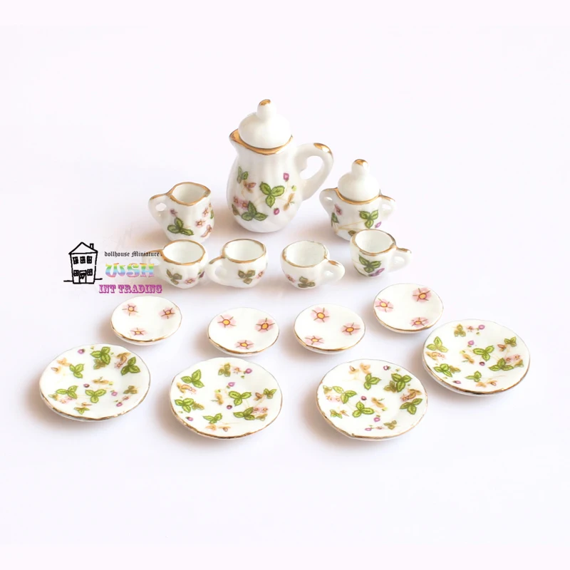

1/12 Miniature 15PCS Tea Cup Set Green Leaves Flowers and Golden Trim Porcelain Tableware Kit Dollhouse Kitchen Accessories