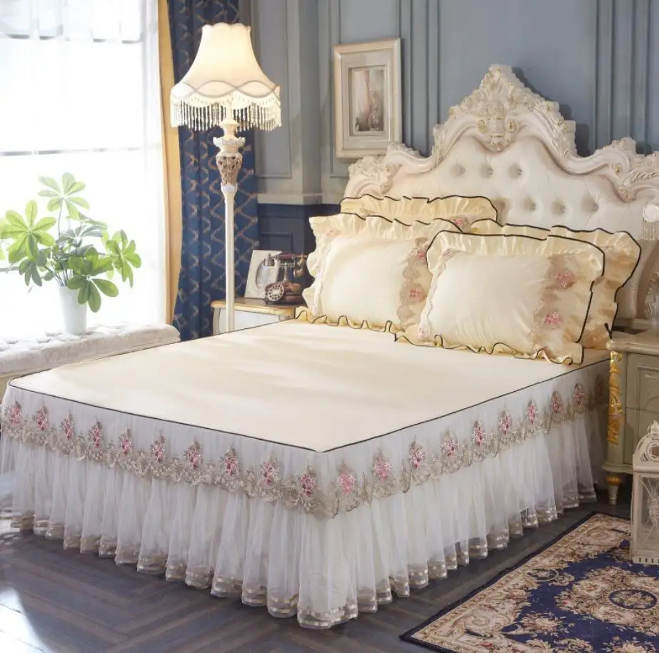 

Solid Color Princess Bedding Lace Bed Skirt Pillow cases King/Queen/Twin Wedding Home Textile Girls Bedspread Bed Linen Cotton