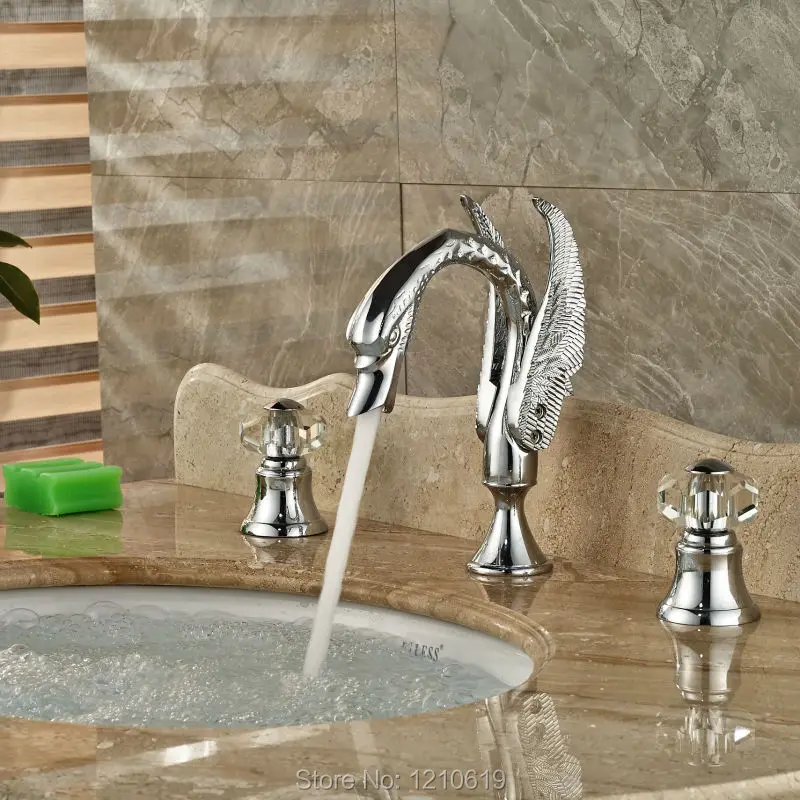 

Newly Chrome Polish 3Pcs Bathroom Sink Faucet Crystal Handles Swan Basin Faucet Mixer Tap Three Holes