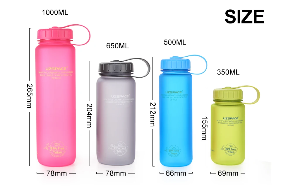 UZSPACE бутылки для воды, 4 цвета, 4 емкости, летние, портативные, скраб, спортивные, моя Питьевая бутылка для воды, бутылка с крышкой, вместе, BPA бесплатно