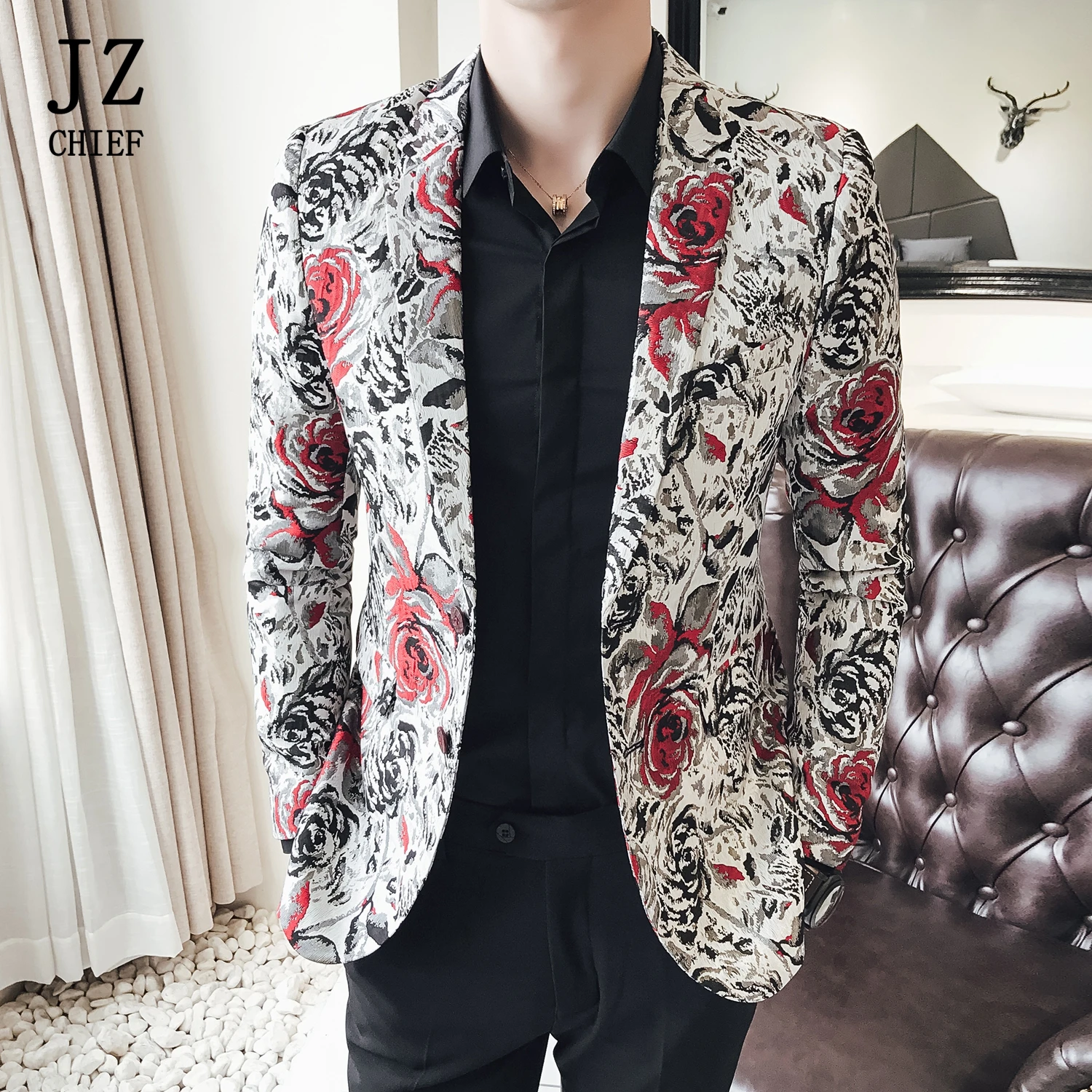 

JZ CHIEF Fashion Design Blazer Jacket Embroidery Rose Flower Printed Blazer Wedding Suit Jacket Vestido Casual Masculino