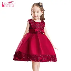 Бургундия линия по колено Jewel Платье в цветочек для девочек с бантом маленький цветок дети пагент платья детский день платье для