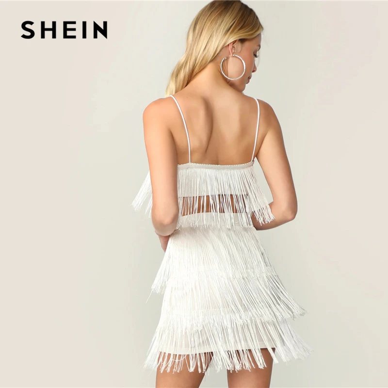 SHEIN Топ На Запах С Бахромой И Юбка На Запах Комплект Женский Летний Белый Гламурный Топ Без Рукавов И Юбка