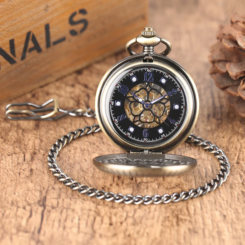 Mechanical Pocket Watch Vintage Bronze Pentagram Stars Dark Blue Retro Bronze Hand Wind Fob Clock Men Women Pendant Gift + Bag (9)