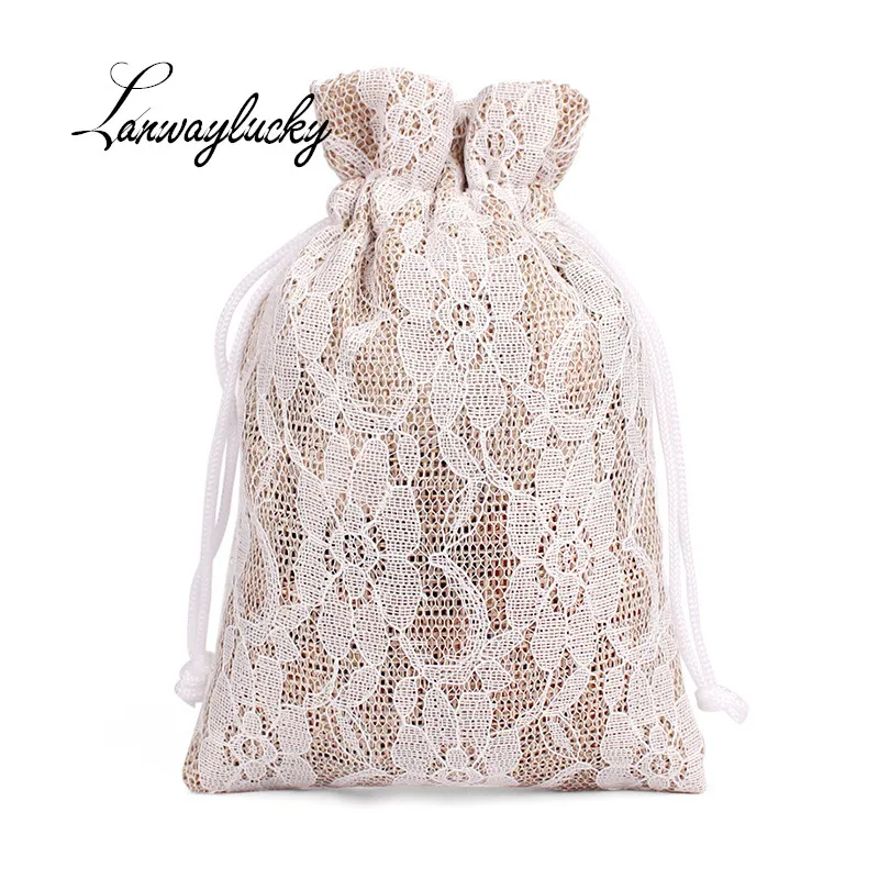 

8x10cm Natural Jute Gift Bags Burlap Rustic Drawstring Jewelry Pouches Wedding Christmas Packaging Bag Lace Decor Candy Holder