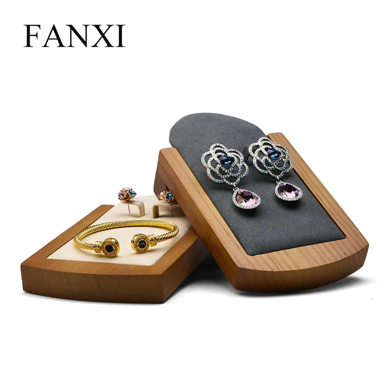  FANXI Earring display stand Ear stud holder with Solid wood and Beige or Grey microfiber internal f