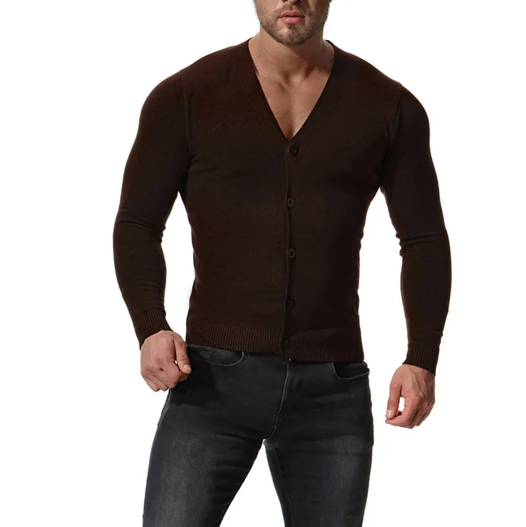 Europe and America V-Neck Cotton Sweater Men New Arrival Slim Fit Cardigan Knitwear Fashion Sweatercoat Male Knitted Clothing - Цвет: Coffee