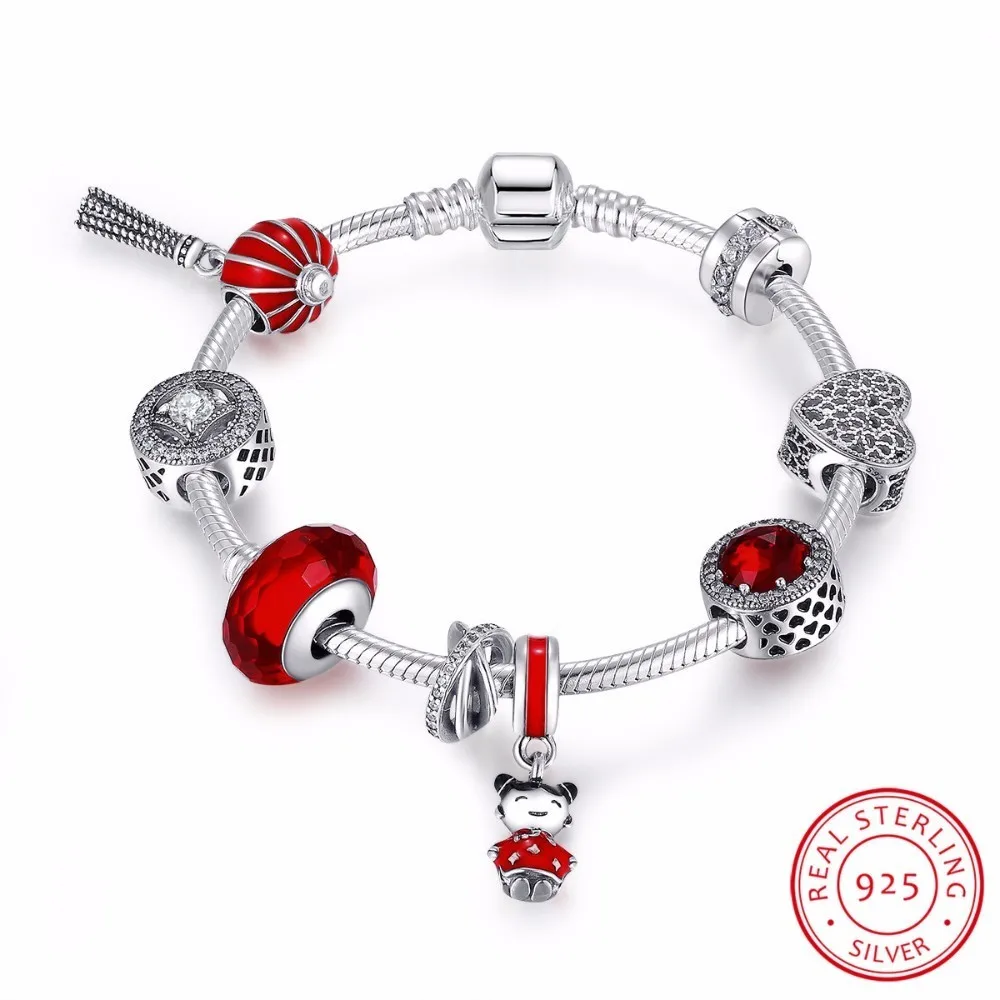 

925 Sterling Silver Chinese New Year Lantern,Doll, Clear CZ & Red Enamel Charm Bracelet Sterling Silver Jewelry PSB011
