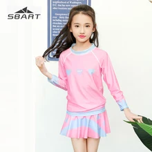 Детский купальный костюм, футболка с длинными рукавами для девочек+ юбка, комплект из двух предметов, детский купальный костюм с рисунком Миньо-УФ-розовый, эластановый купальник с рисунком