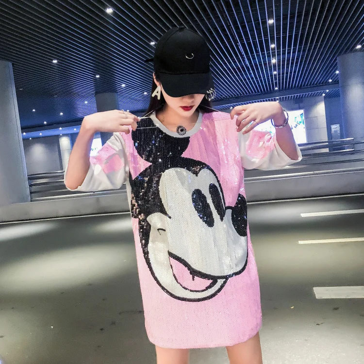 

Fashion Sequined T-shirt Hip Hop Bling Mickey Mouse Tees Half Sleeve Long T-shirts Women Street Tops For Stage Dance Club Party