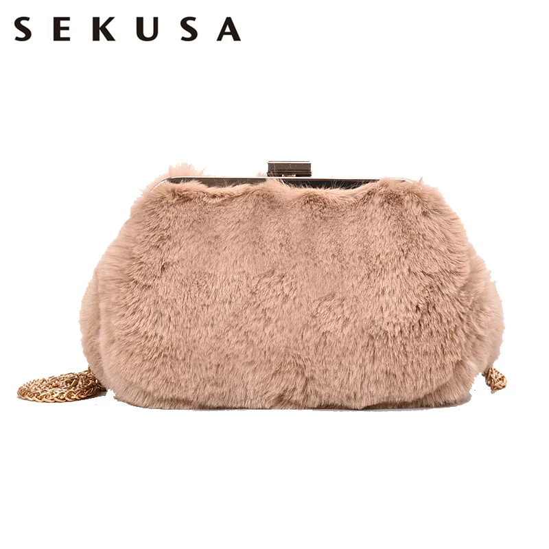 

SEKUSA Soft Fashion Lady Chain Shoulder Handbags Fur Faux Women Winter Party Wedding Day Clutch Evening Bags Purse