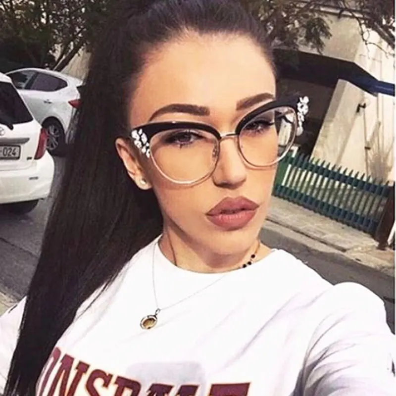 Cat Eye Shiny Rhinestones Lady Glasses Frames Women Sexy CCSPACE Brand 45120 Signer Optical EyeGlasses Fashion Eyewear