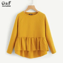 Dotfashion, реглан, рукав, текстурированный, высокая низкая свободная толстовка, длинный рукав, Круглый ворот, пуловеры,, осень, женская, желтая Толстовка