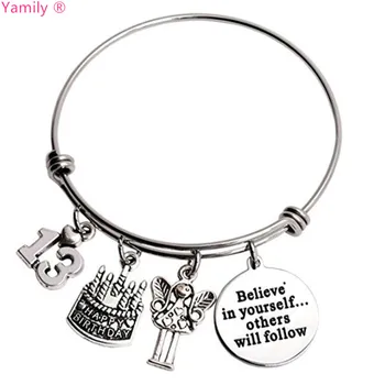 

8pcs/lot 13 Birthday Cake Bangle Stainless Steel Live Laugh Love believe..will follow Bracelet Women Friends Party Gifts Jewelry