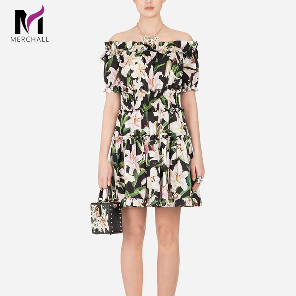 

2019 Chic Summer Runway Lily Flower Print Dress Elastic Waist Off the Shoulde Ruffles Mini Dress Sexy Off Shoulder Women Dresses