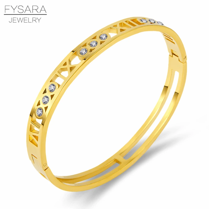 

FYSARA Delicate Hollow Roman Numeral Crystals Bracelets & Bangles Vacuum Plated Titanium Steel Bangle Jewelry For Women Bracelet