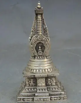 

8" Tibetan Buddhism Temple Silver Shakyamuni Buddha Statue Stupa Pagoda Tower