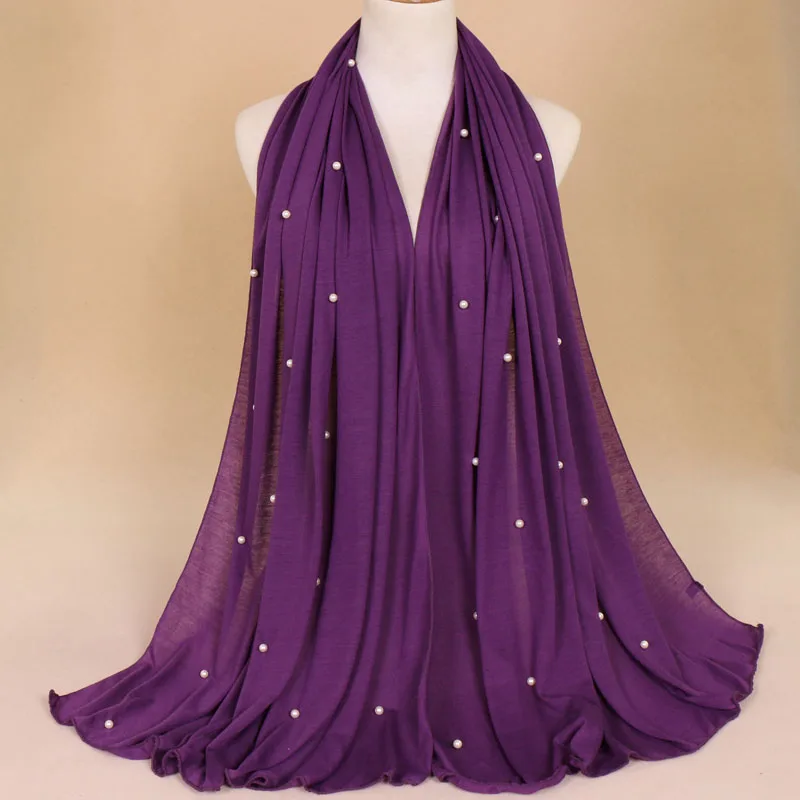 Однотонные Цвет хиджаб из Джерси шарф с Обмотка из бусин эластичная шаль Макси арабских Foulards снуд жемчуг мусульманский головной убор Sjaal