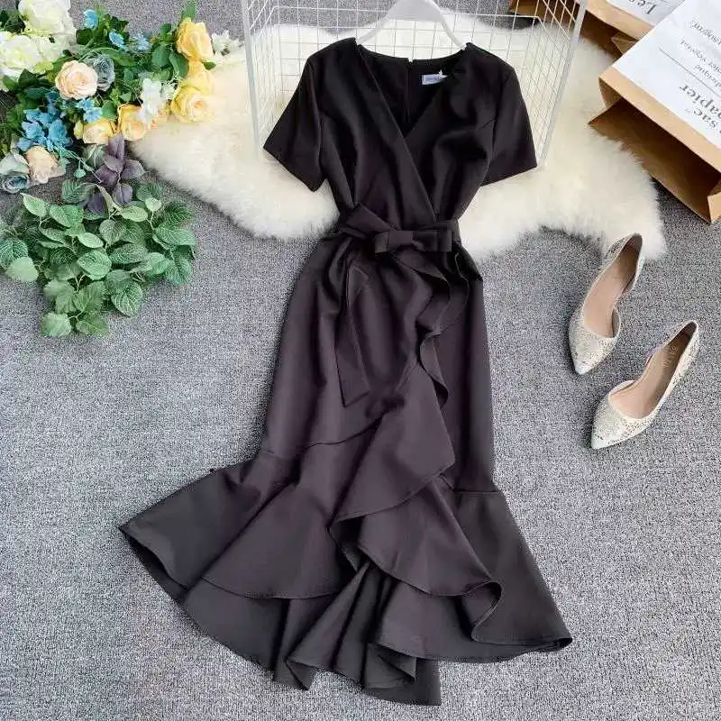

2019 Summer Ladies Ruffled Short-sleeved Wrap Dress High Waist Solid Graceful Women Sashes Vestidos Natural Casual