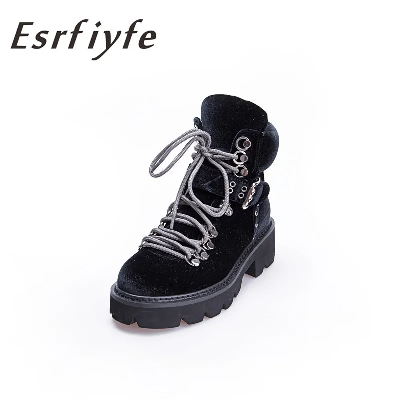 

ESRFIYFE 2019 New High Quality Flock Women Boots Thick Heel Platform Martin Boots Autumn European Style Buckle Motorcycle Boots