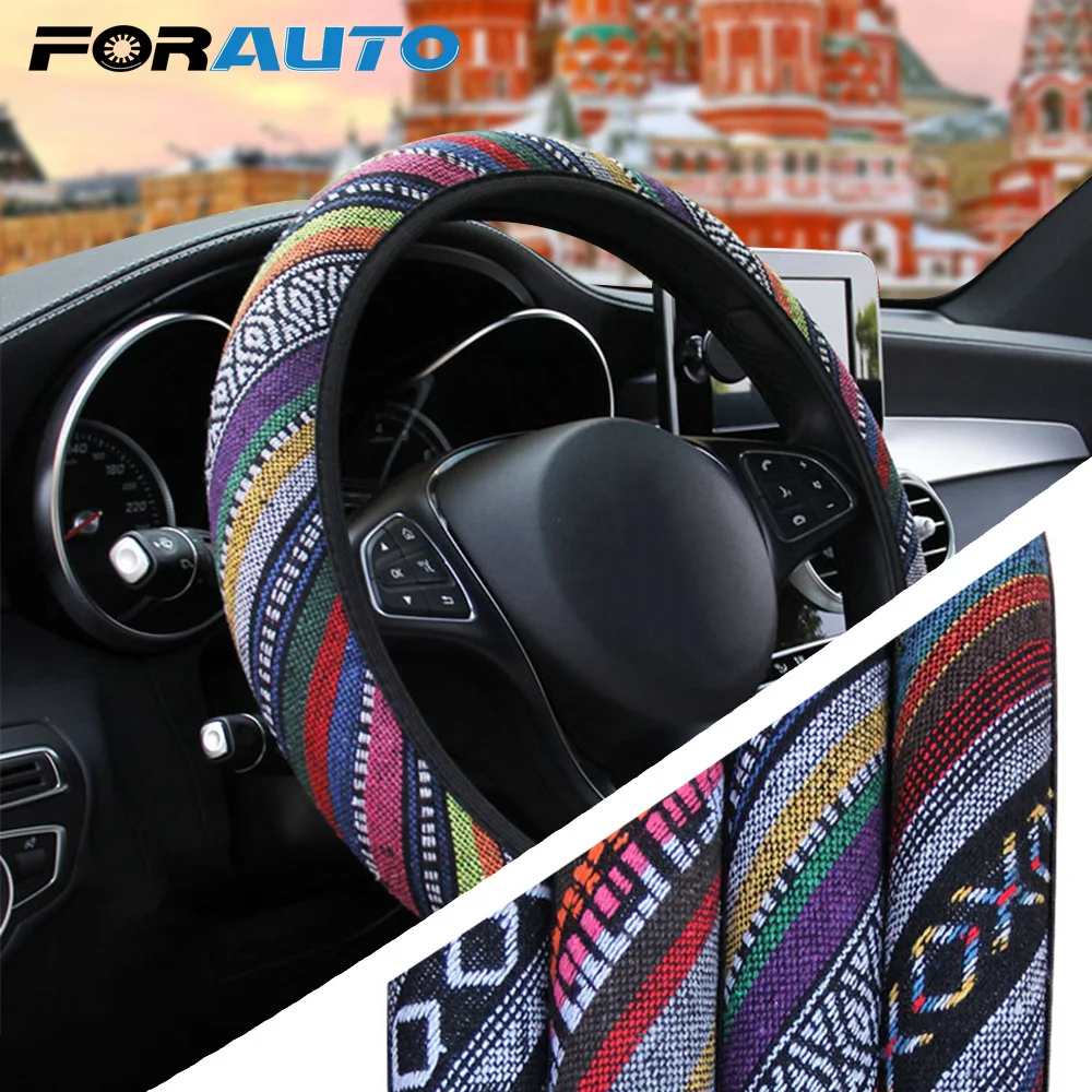

FORAUTO Car Steering Wheel Cover Elastic Linen Steering Covers Ethnic Style Universal Auto Decoration Car Accessories