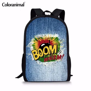 

Coloranimal Children Casual Shoulder Bags 3D Blue Denim Letter Pattern Student Mochilas Schoolbags Women Boom Laptop Back Pack