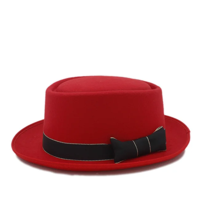 Брендовая зимняя Осенняя шерстяная шляпа с плоской подошвой для женщин, мужская фетровая Кепка Boho Feltro Gambler Sombrero, 15 - Цвет: Red