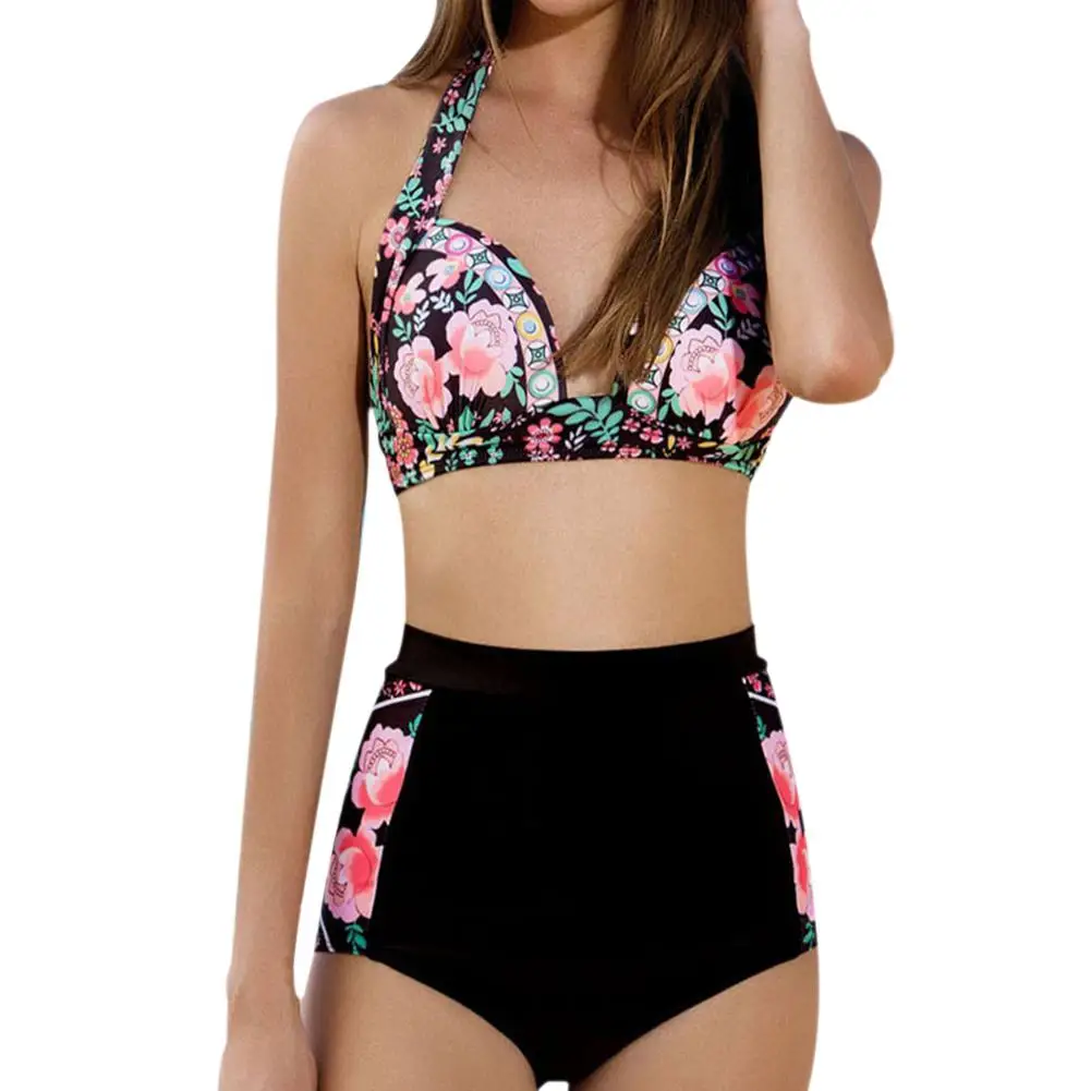 

HobbyLane Women Rose Pattern High Waist Split Bikini Suit