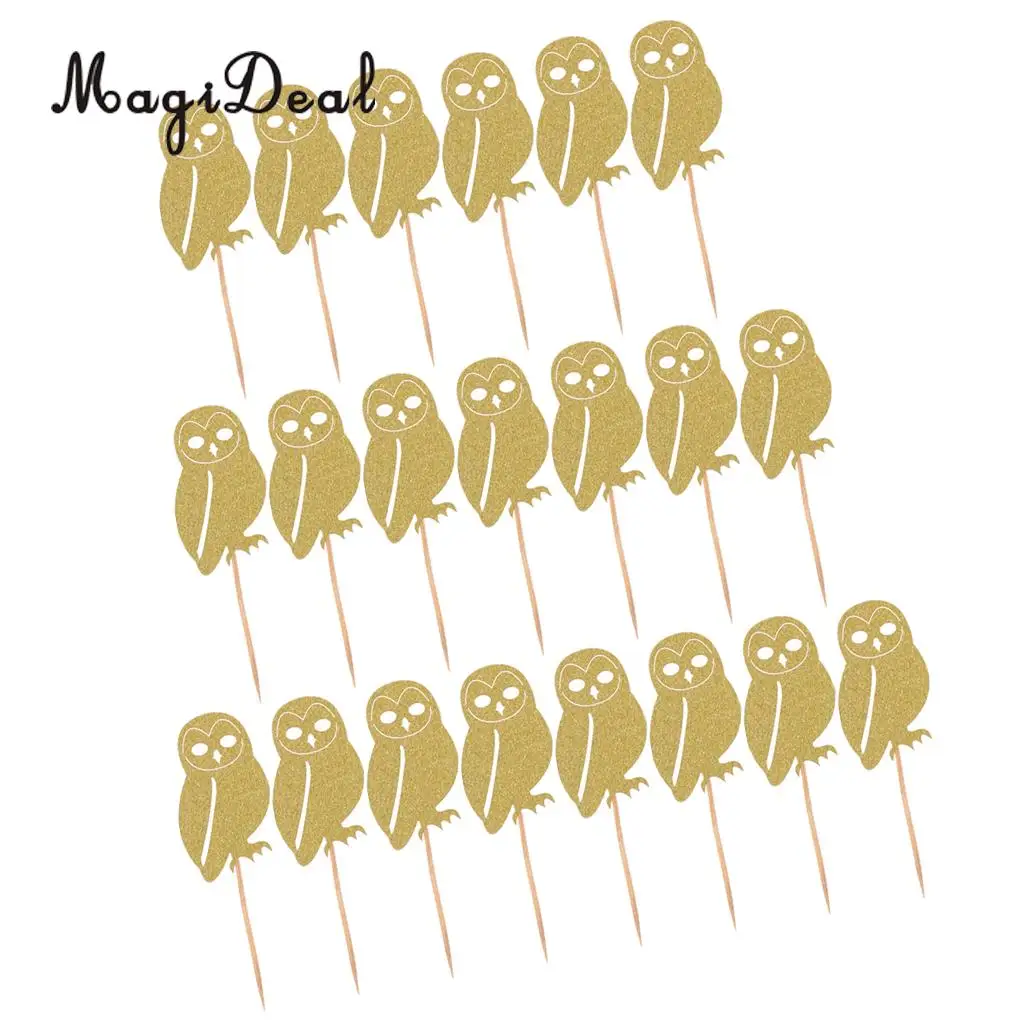MagiDeal Lovely 20Pcs Glitter Owl Animal Cake Cupcake Topper Picks for Baby Shower Birthday Party Halloween Decor Prop 3 Colors