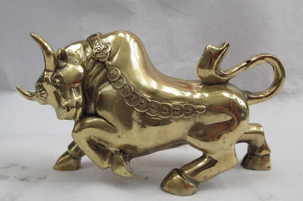 

Chinese Folk Copper Bronze Fengshui Lucky Wealth Coin Cattle bull Wild ox Statue