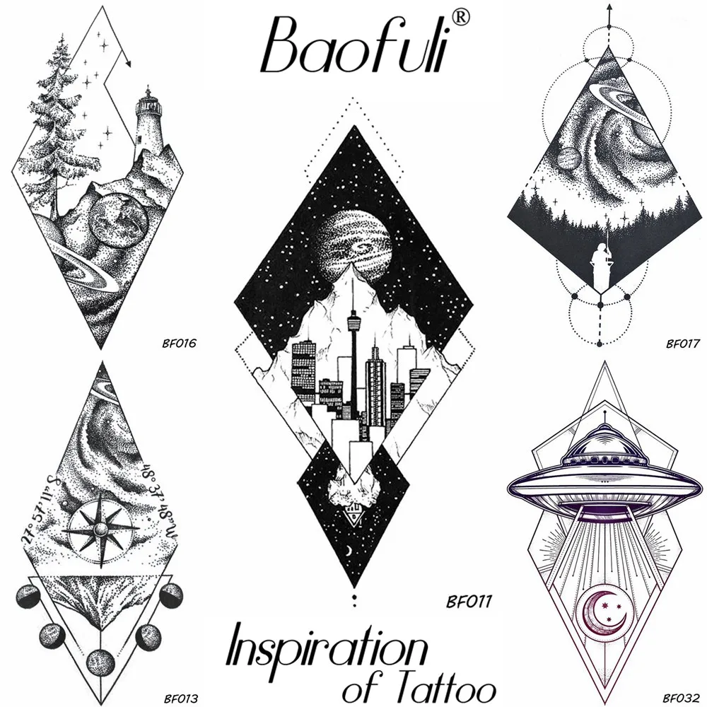 

BAOFULI Men Temporary Geometric Universe Rhomboid Tattoo Waterproof Planets City Tattoo Body Arm Art Transferable Tatoos Sticker
