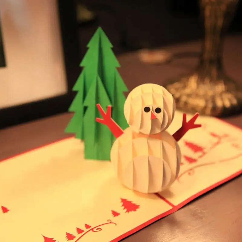 

New Birthday Christmas Postcard Greeting Cards Kraft Kirigami Handmade Pop Up Snowman and Tree Card with Envelope 10pcs/lot