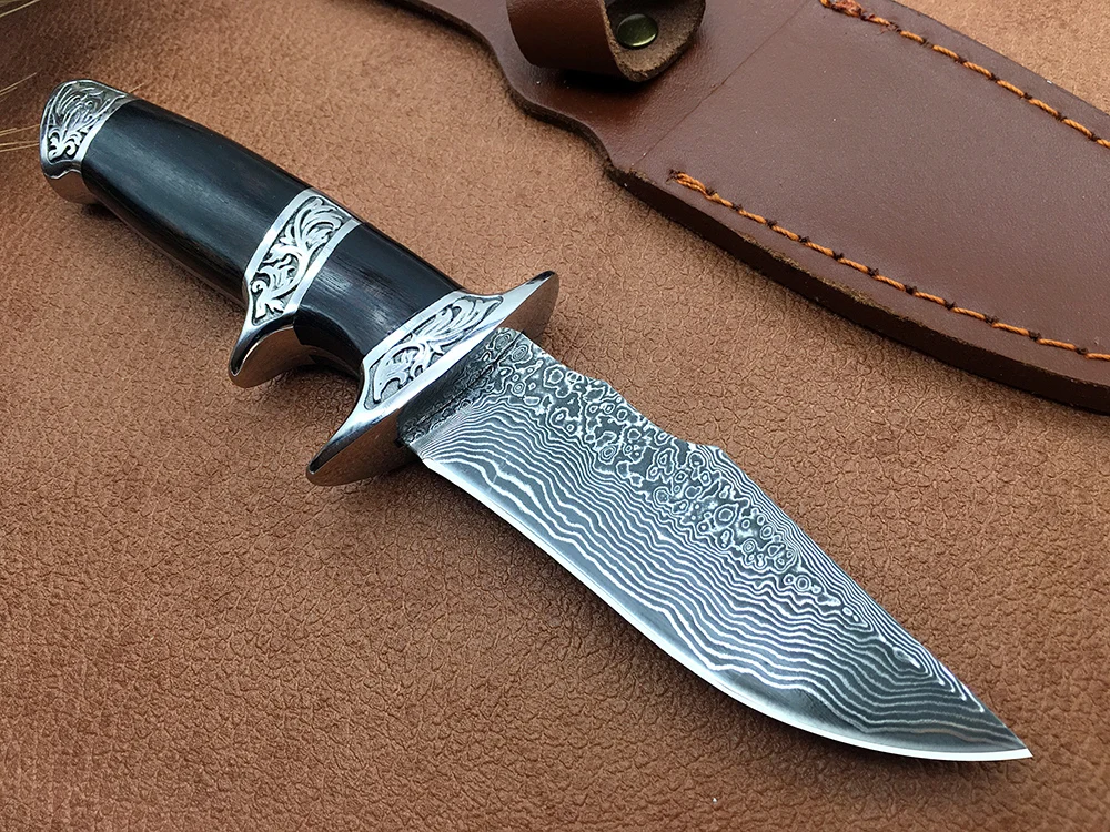 Высококачественный хороший охотничий нож дамасское лезвие VG10 ядро черное дерево+ сталь резная ручка Боуи наружные ножи походные инструменты для самозащиты