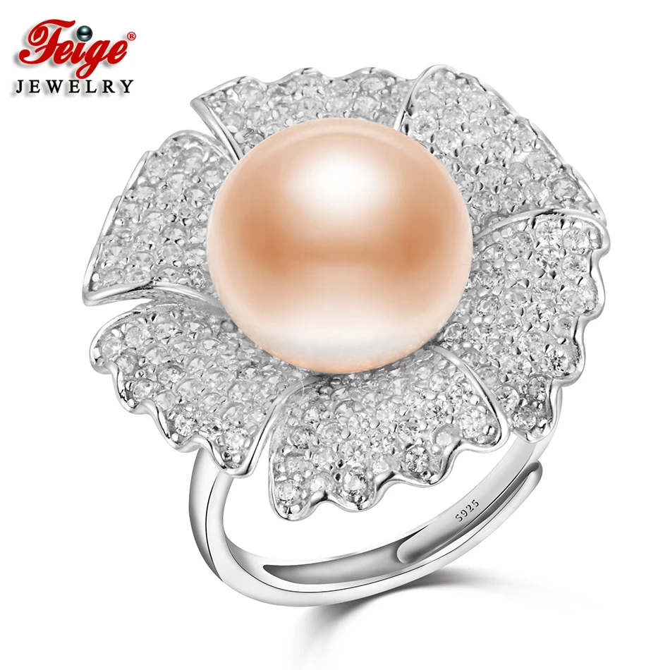 

FEIGE Luxury Elegant Big Flower Pearl Ring 925 Sterling Silver Ring Bijoux 12-13MM Pink Freshwater Pearl Jewelry for Women Gift