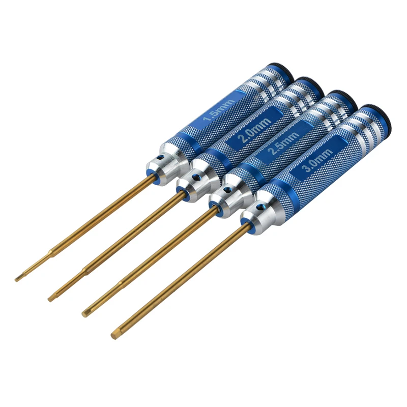 

4pcs/set RC Tools Hex Screw Driver Set Titanium Plating Hardened 1.5 2.0 2.5 3.0mm Screwdriver For Helicopter Toys