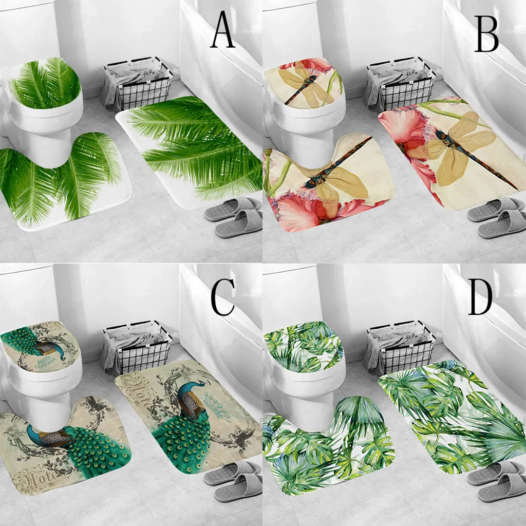 

3Pcs Bath Mats Bathroom Carpet Colorful Leaves Animal Anti Slip Toilet Pattern Flannel Toilet Seat Cover Set H0528