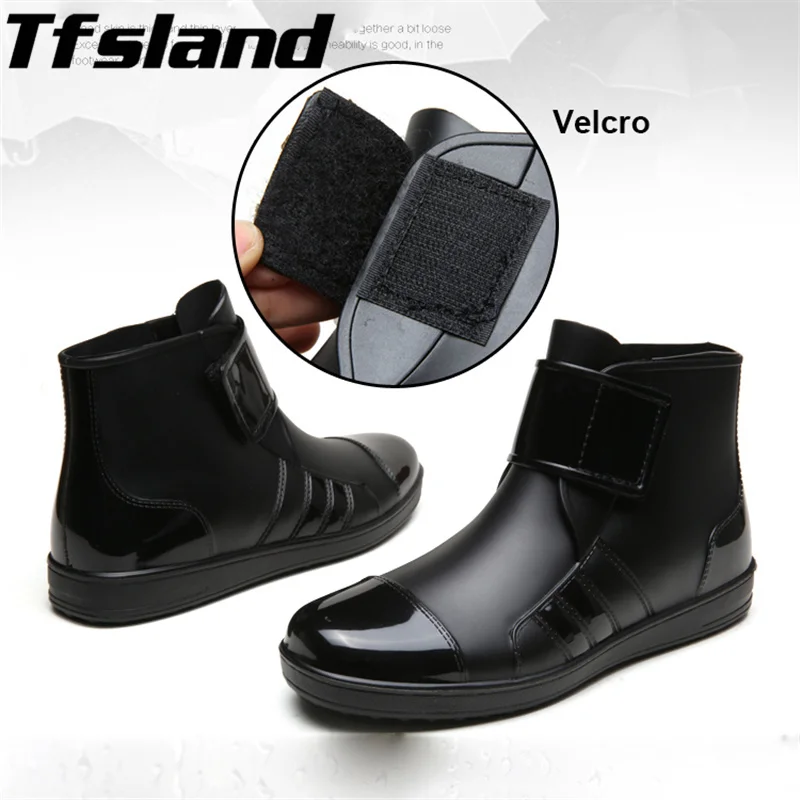 Мужские черные короткие непромокаемые сапоги из ПВХ, водонепроницаемые ботинки для рыбалки, мужские легкие галоши, резиновые сапоги на липучке, водонепроницаемая Спортивная обувь кроссовки