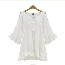 2016 Women Loose Flounce Sleeve MIni Pleated Off Shoulder Summer Blouse Shirt Tops Pluse Size