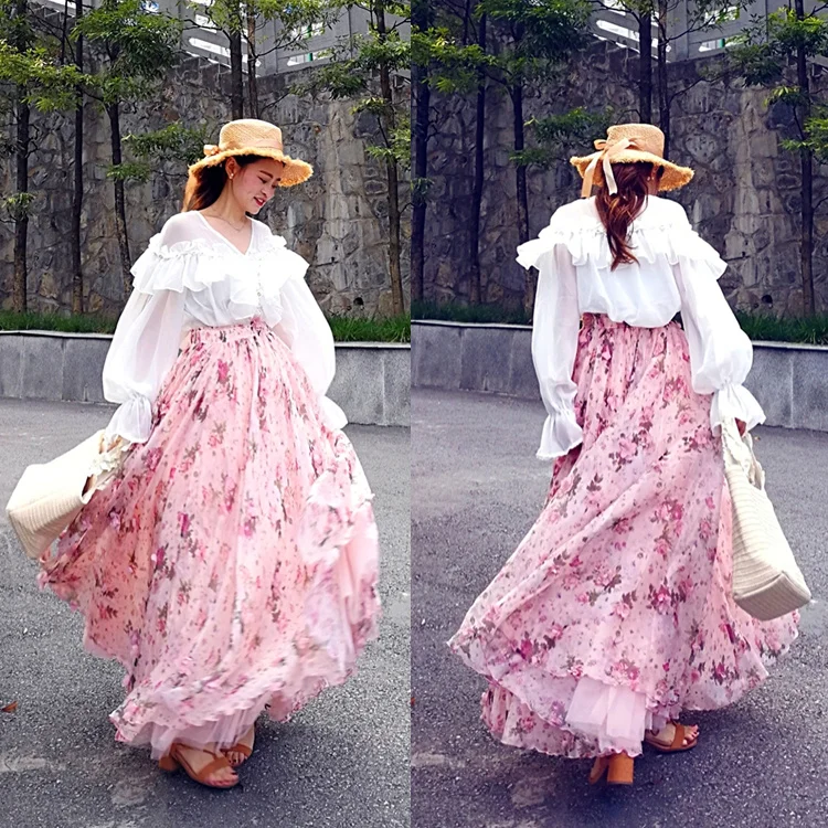 La Plus Dimensions Rose 4xl Maxi Soie De Jupes Et Printemps Fleur D'été Doux Mousseline Femmes 3d En Taille Mignon 2018 Trois Xxxxl Floral Longue PFqtIwx