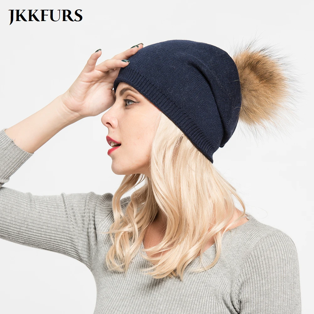 Зимний женский настоящий шарик из меха енота бини с помпоном шапки высокого качества кашемировый берет модные шапки S7155