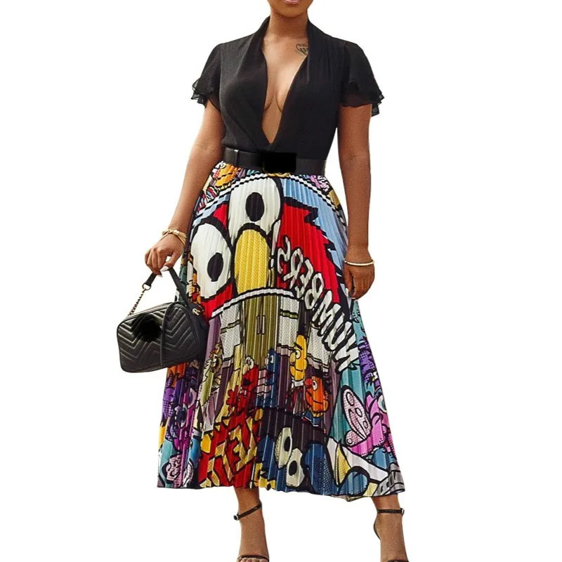 2019 New Women Skirts Vintage Character Letter Print High Waist Mid-calf Length Pleated Skirts Vintage Big Swing Skirt 3 Color 2019 New Women Skirts Vintage Character Letter Print High Waist Mid-calf Length Pleated Skirts Vintage Big Swing Skirt 3 Color