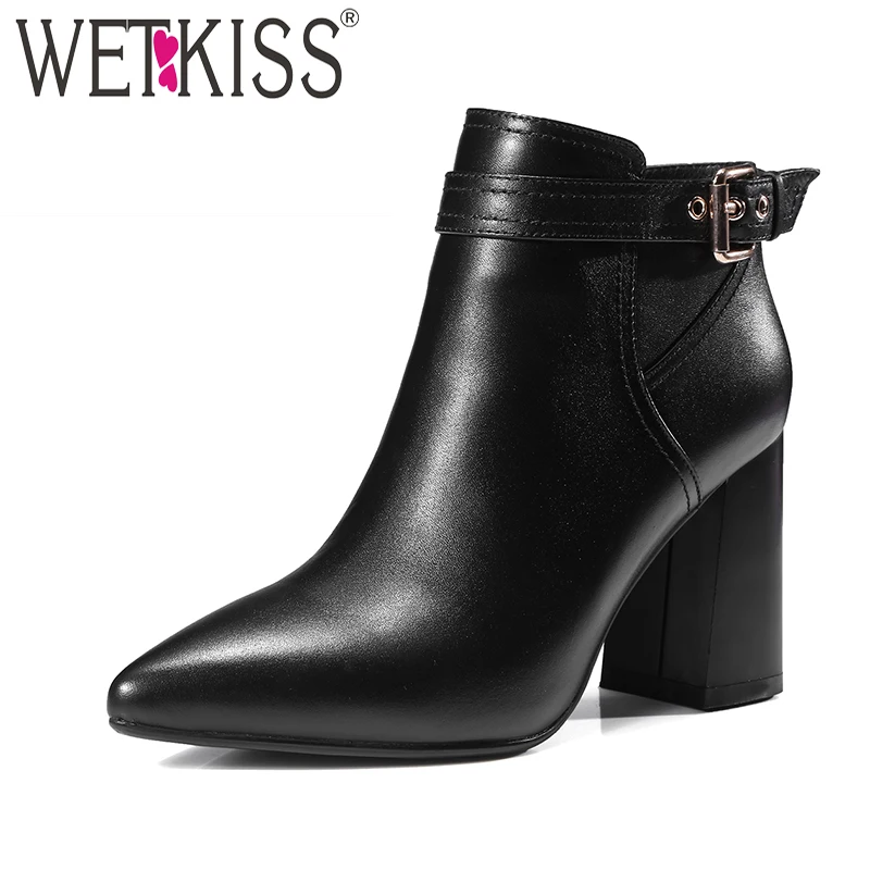 

WETKISS Sexy Pointed Toe Ankle Boots Mature High Square Heel Autumn Winter Boots Made Of Genuine Leather Women Shoes Buckle 2018