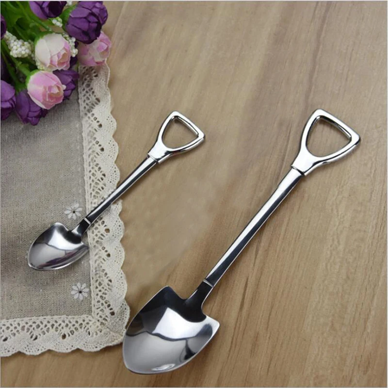 

1Pc Creative Metal Ice Cream Coffee Spoon Shovel Shape Shell Tea Spoons 2 Colors Afternoon Tea Dessert Long Handle Spoon