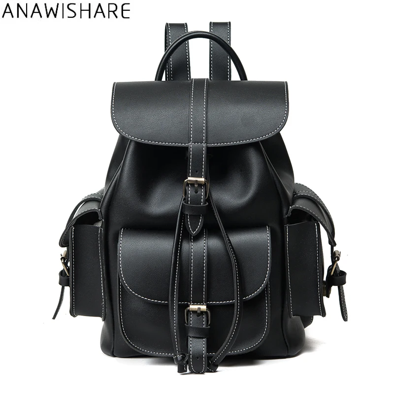 

ANAWISHARE Women Leather Backpacks School Bags For Teenagers Girls Laptop Bookbag Black School Backpacks Mochila Feminina