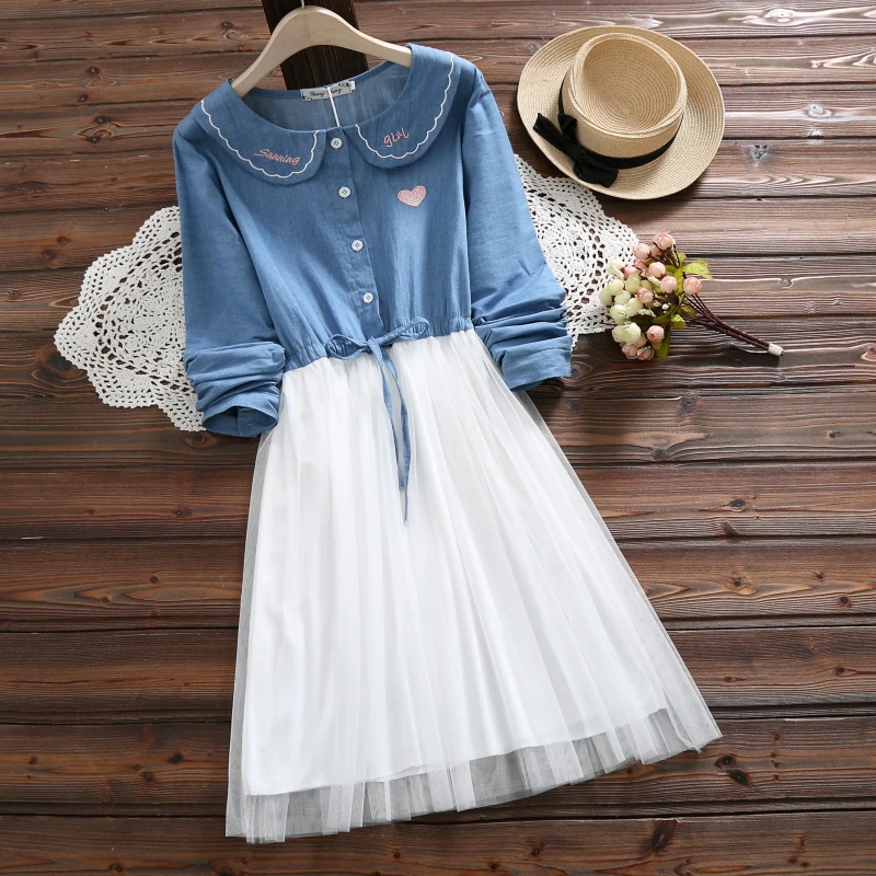 

Japanese Mori Girl Women Dress Peter Letter Heart Kawaii Embroidery Denim Lolita Style Vestidos Cute Princess Mesh Korean Dress
