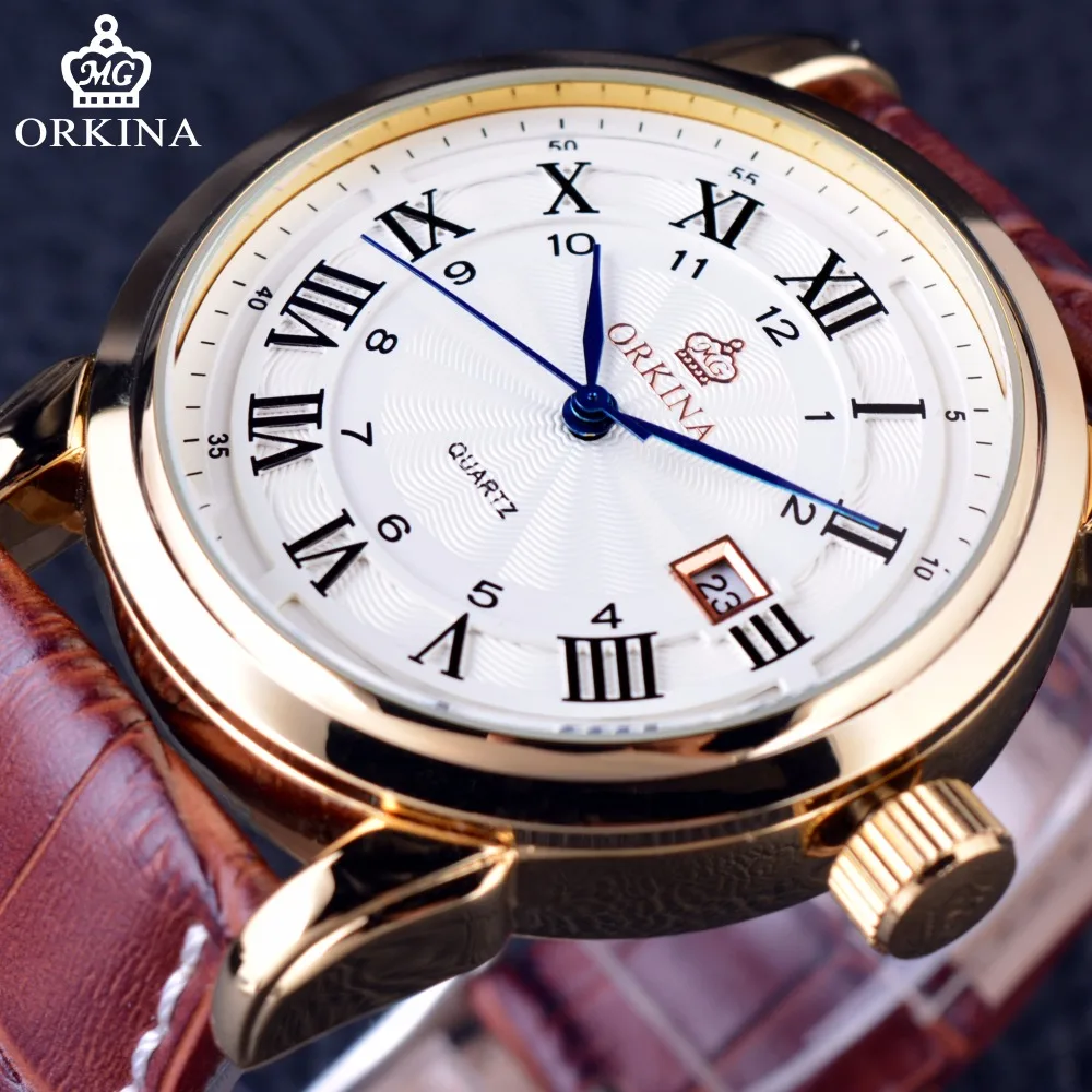 Orkina Classic Roman Series Brown Genuine Leather Strap Calendar