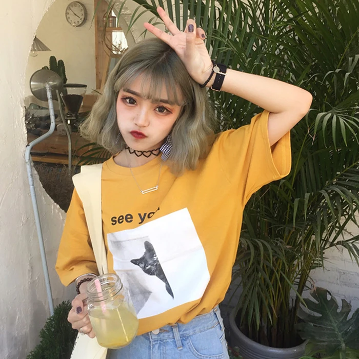 

YouGeMan Tee Shirt Femme 2019 Summer Korean Style Ulzzang Harajuku Cartoon Print Short Sleeve T-shirt Women Casual O-neck Top